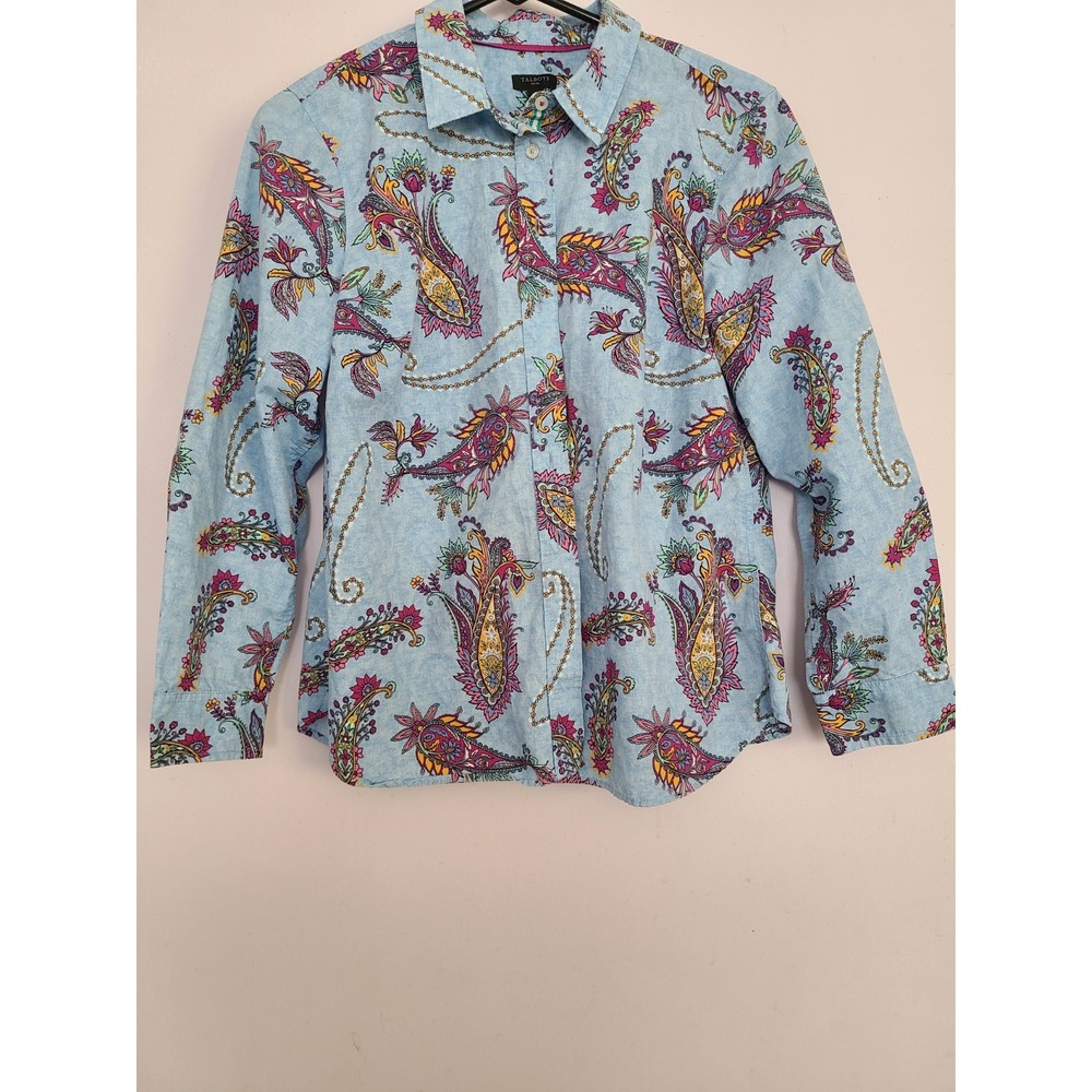 Talbots Women's Long-Sleeve Button-up A Blue Swirly Paisley Print. Size M Petite